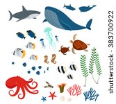 Ocean animals, sea fauna and sea fishes. Ocean fauna icons on white background. Vector illustration
