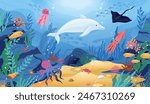 Ocean animals. Sea fish, underwater marine cute dolphin and jellyfish, nature world life with whale and coral reef. Childish background or poster. Cartoon flat isolated vector illustration