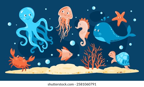 Ocean Animals. Sea life elements. Jellyfish, Crab, Turtle, Octopus, Fish, Coral, Starfish, Seahorse, Whale, Anchor. Childish Marine set with sea creatures for girls and boys Baby Shower and Birthday