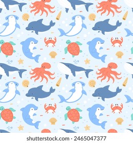 Ocean animals seamless cartoon blue pattern. Background pattern with dolphin, crab, whale, turtle, octopus, shark, killer whale.
