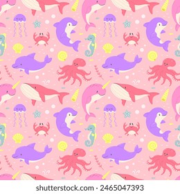 Ocean animals seamless cartoon pink pattern. Background pattern with dolphin, crab, jellyfish, seahorse, killer whale, narwhal.
