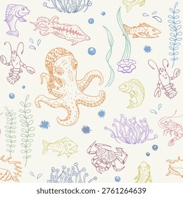 Ocean animals seamless pattern. Octopus, fish, squid, crab, shrimp, oyster, urchin, mollusk, seashell, crawfish, coral, seaweed and water bubbles. Inked sketch in retro style
