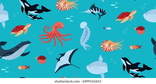 Ocean animals seamless pattern. Underwater creatures. Inhabitants of the sea world. Flat cartoon background for packaging, fabric, wallpaper, paper