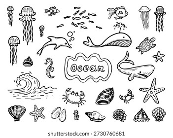 Ocean animals set. Hand drawn doodle vector. Aquatic fish. Oceanarium. Whale dolphin jellyfish turtle crab seahorse starfish shells. Underwater inhabitants. Marine. Illustration line art elements.