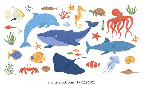 Ocean animals set isolated flat cartoon icons. Vector marine creatures, childish kids underwater animals. Seaweed, algae and seashells, jellyfish and whale, shark and turtle, squid and clown fish