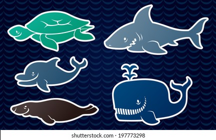 Ocean animals set on sea background.