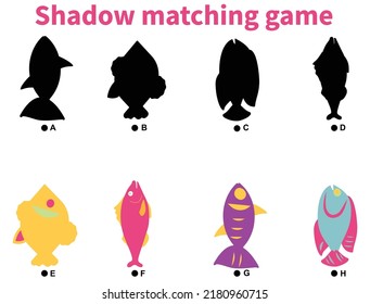 Ocean animals shadow matching game activity for children. Fun summer puzzle with cute fish.