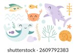 Ocean animals with shark, hammerhead shark, fish, crab, shell, seaweeds. Sea clipart in cartoon flat style. Hand drawn vector illustration