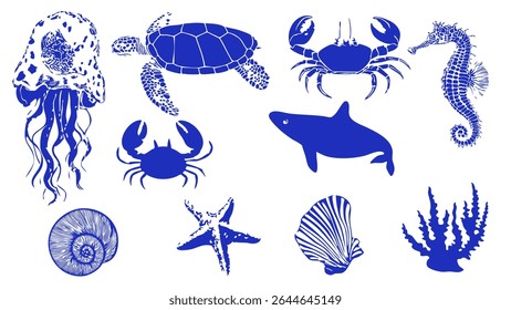 ocean animals silhouette vector set marine life sea creatures jellyfish turtle crab seahorse shark editable graphic pack