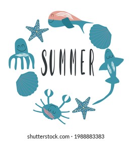 Ocean animals such as whale, octopus, shark, shell, jellyfish, crab and summer lettering. Vector illustration 