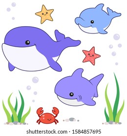 Ocean Animals Vector Cartoon Set on White