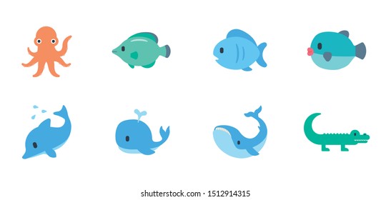 Ocean Animals Vector Illustration Emojis, Icons Set. Fishes, Dolphin, Whale, Octopus Symbols. Sea Mammals Collection