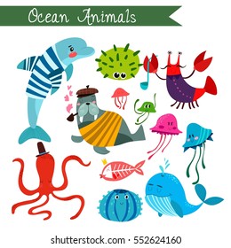 Ocean animals vector illustration.Vector set. Isolated on white background. Ocean  animals cartoon style. Preschool, baby, continents, travelling, drawn - stock vector