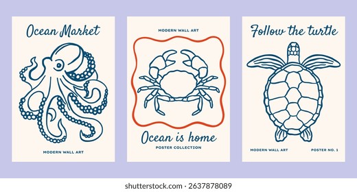 Ocean animals vector posters set. Minimalist retro sea print designs with outline octopus, turtle, crab illustrations