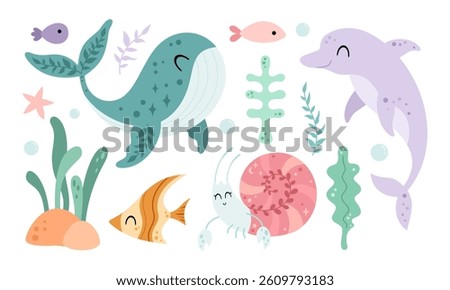 Ocean animals with whale, dolphin, hermit crab, fish,  seaweeds. Sea clipart in cartoon flat style. Hand drawn vector illustration