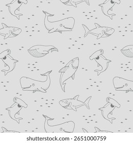 Ocean animals whale narwhal octopus dolphin line vector seamless pattern
