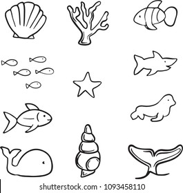 Ocean Animals and Wildlife Vector Hand Drawn Illustration Black and White