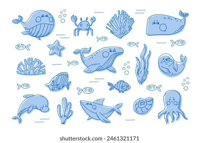 Garabato de mano Clipart de animales acuáticos oceánicos. Divertidos mamíferos submarinos de diferentes especies ballenas, tiburones, focas, delfines, pulpos, cangrejos y peces. Ilustración vectorial sobre fondo aislado