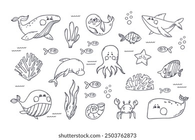 Ocean aquatic animals clipart hand doodle set. Funny Underwater mammals different species whales, shark, seal, dolphin, octopus, crab and fishes. Vector illustration on white isolated background