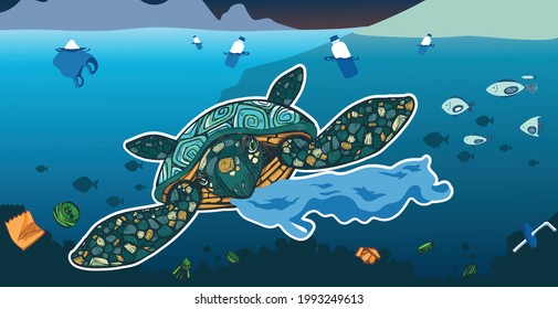 Ocean with aquatic animals and plastic garbage floating in water.