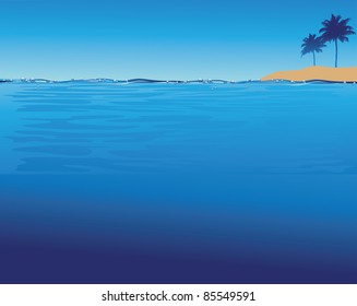 Ocean Background Palm trees in the distance leave room for your message. EPS 8 vector, grouped for easy editing, with no open shapes, strokes or transparencies.