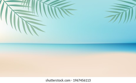Ocean background with sand beach and clear sky. Tropical palm tree leaves on the front. Applicable as summer vacation banner or background. Vector illustration