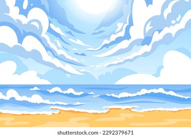 Ocean background, seashore and blue sky with sun and clouds. Beach shore, water waves and horizon, tropical seaside, sea summer travel. Marine vacations. Vector garish illustration landscape