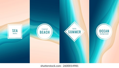 Ocean background set. Top view of the sea coastline. Sand and sea illustration texture. Summer concept. Design for poster, backdrop, cover, invitation. Vector image.