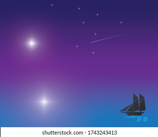 Ocean background of ships and night moon stars