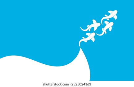 Ocean background, top aerial view vector illustration. Water waves surface pattern with sharks. copy space at the centre. Sea summer travel design.