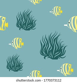 Fondo oceánico, bajo un patrón de agua sin costuras, algas y peces amarillos