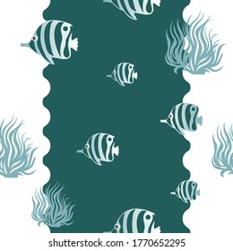Fondo oceánico, bajo un patrón de agua transparente, algas y peces