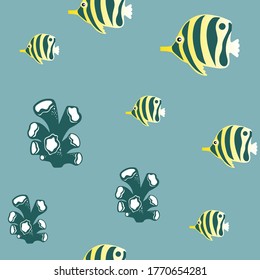 Ocean background, under water seamless pattern, corals and yellow fishes