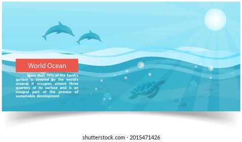 Ocean banner with dolphins, fish, jellyfish and turtle. Underwater life of sea creatures. World ocean with waves under sunshine. Marine environment with sea dwellers. Wild nature of mediterranean sea