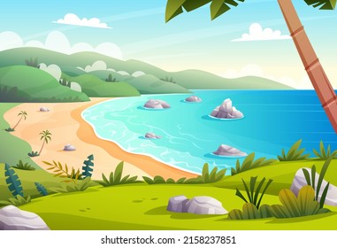 Ocean bay panorama with seashore and hill view concept. Tropical beach vacation cartoon landscape illustration