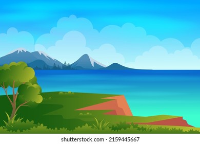 Ocean or Beach with Cliff landscape Cartoon illustration