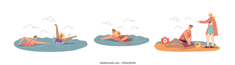 Ocean beach emergency situation set with professional lifeguard saving and giving first aid to sinking woman tourist while swimming in sea. Cartoon flat vector illustration