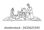 ocean beach family sandcastle vector. waves sun, vacation fun, kids shells ocean beach family sandcastle character. people black line pencil drawing illustration