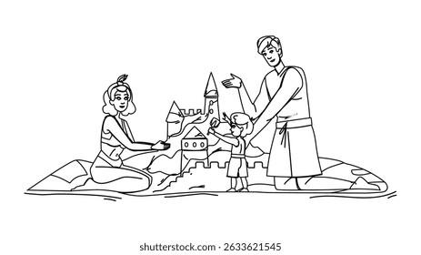 ocean beach family sandcastle vector. waves sun, vacation fun, kids shells ocean beach family sandcastle character. people black line pencil drawing illustration
