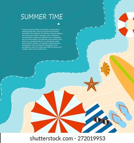 ocean beach, flat style, elements of summer holiday.