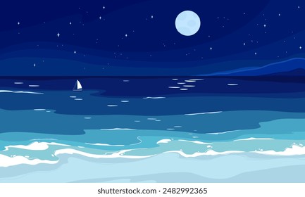 
Ocean beach at full moon. Vector colorful seascape illustration for your design. Summer tropical trip. A sailboat floats in the distance.