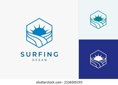 Ocean or beach hexagon logo with simple sun and wave shape