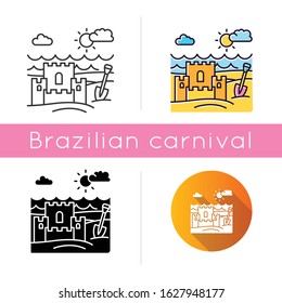 Ocean beach icons set. Linear, black and RGB color styles. Marine shore. Sand castle. Maritime family vacation. Trip to exotic country. Isolated vector illustrations