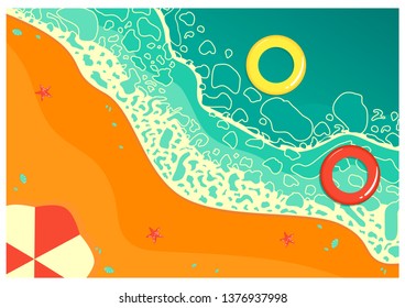 ocean beach illustration from top view, blue waves, sand and seashells, swim rings and umbrella