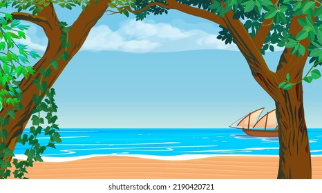 El paisaje de la playa oceánica a lo largo del día y el barco corre por el mar