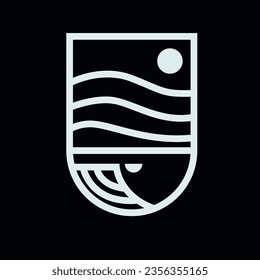 ocean beach logo and shield design combination flat line style logos