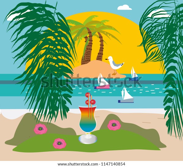 Ocean beach with palm and and exotic coctail,\
boats and island