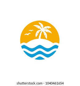 Ocean Beach with Palm Tree and Birds Silhouette for Surf Vacation Holiday Hawaii Paradise Island Travel logo design 