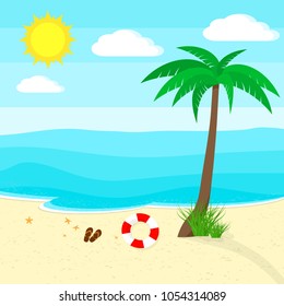 Ocean and beach with palm tree in flat design. Vector illustration. Travel or vacation concept