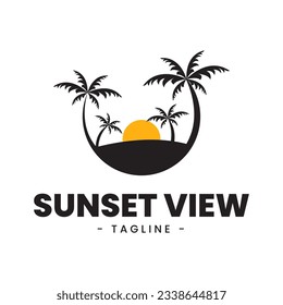 Ocean Beach with Palm Tree Silhouette for Vacation Holiday Hawaii Paradise Island Travel logo design